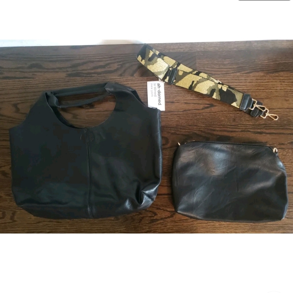 NEW AHDORNED VEGAN LEATHER BLACK HOBO TOTE w/ CAMO STRAP GOLD 2 in 1